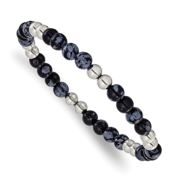 New Chisel Black/Grey Synthetic Agate 6.5m Stretch Bead Bracelet Stainless 7.75”